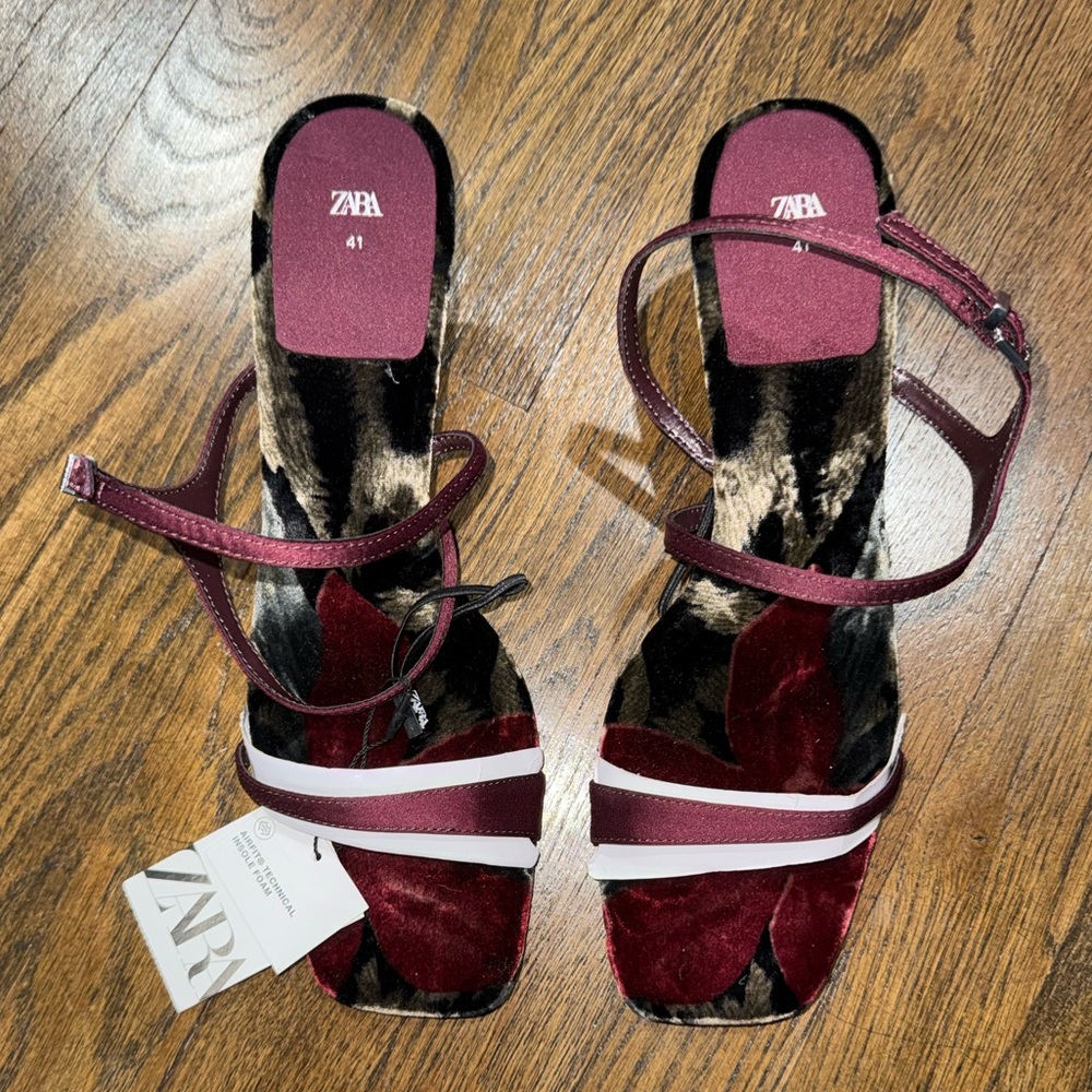 Zara Burgundy and White Strappy Block Heel Sandals